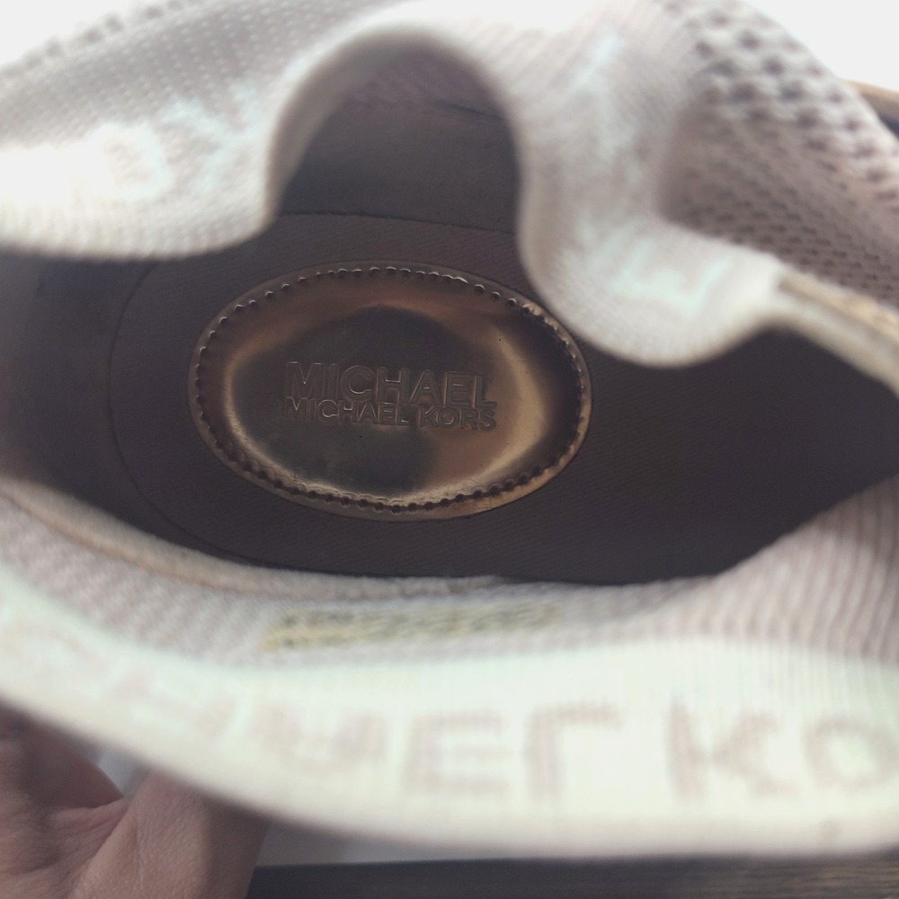 Michael Kors Markie Bootie Pink Sneakers Rose Gold Shoes Size 9.5 Stretch Knit - Picture 14 of 16